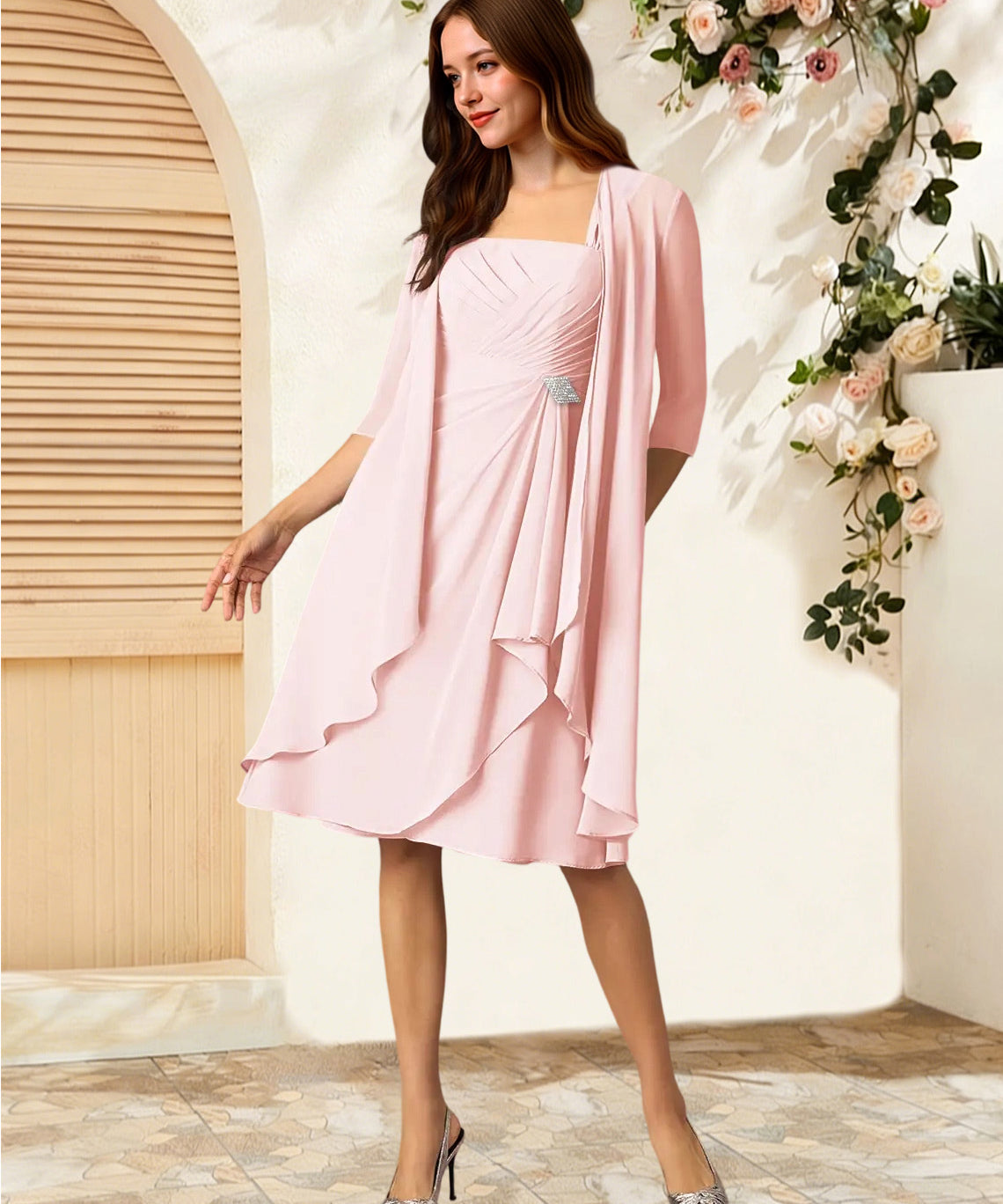 Augday Olivia A-Line Square Neckline Pleated Chiffon Dress