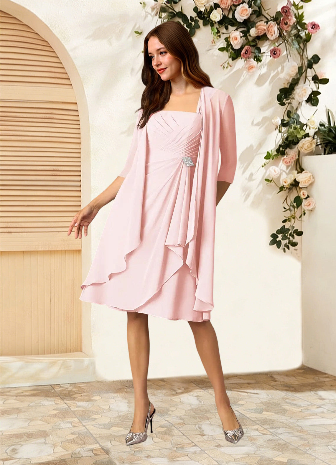 Augday Olivia A-Line Square Neckline Pleated Chiffon Dress