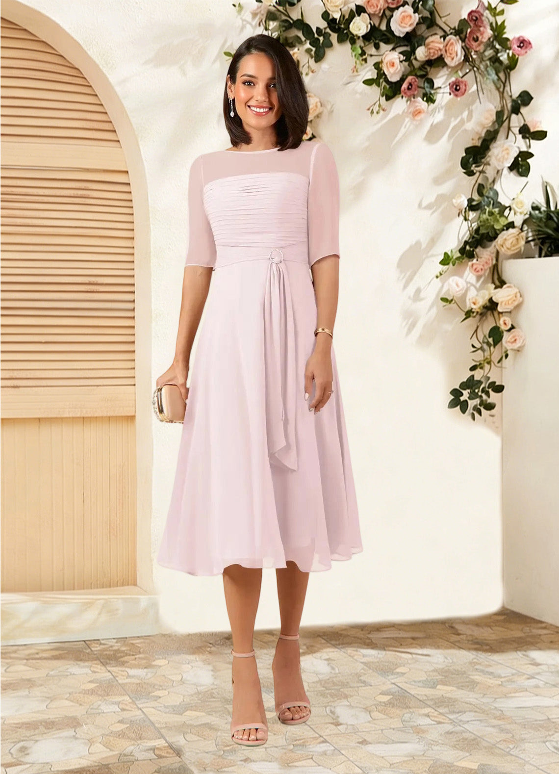 Augday Naomi A-Line Boatneck Pleated Chiffon Dress