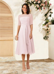 Augday Naomi A-Line Boatneck Pleated Chiffon Dress