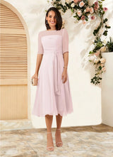 Augday Naomi A-Line Boatneck Pleated Chiffon Dress