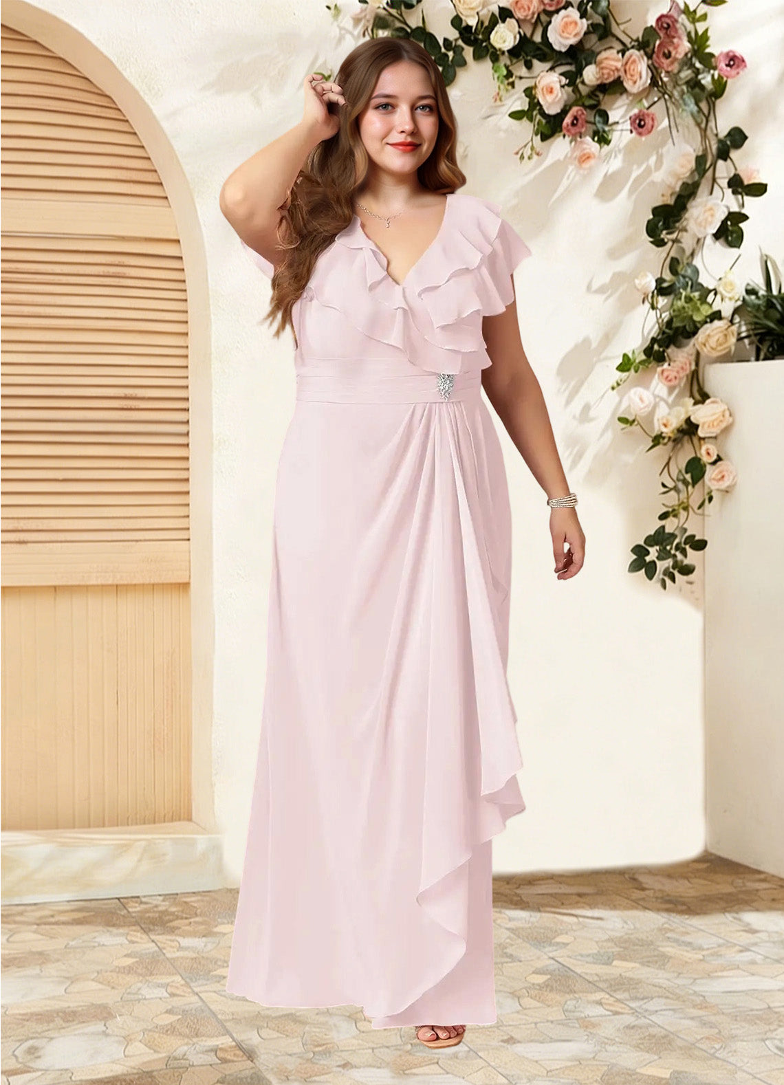 Augday Snapdragon A-Line V-Neck Ruched Chiffon Dress