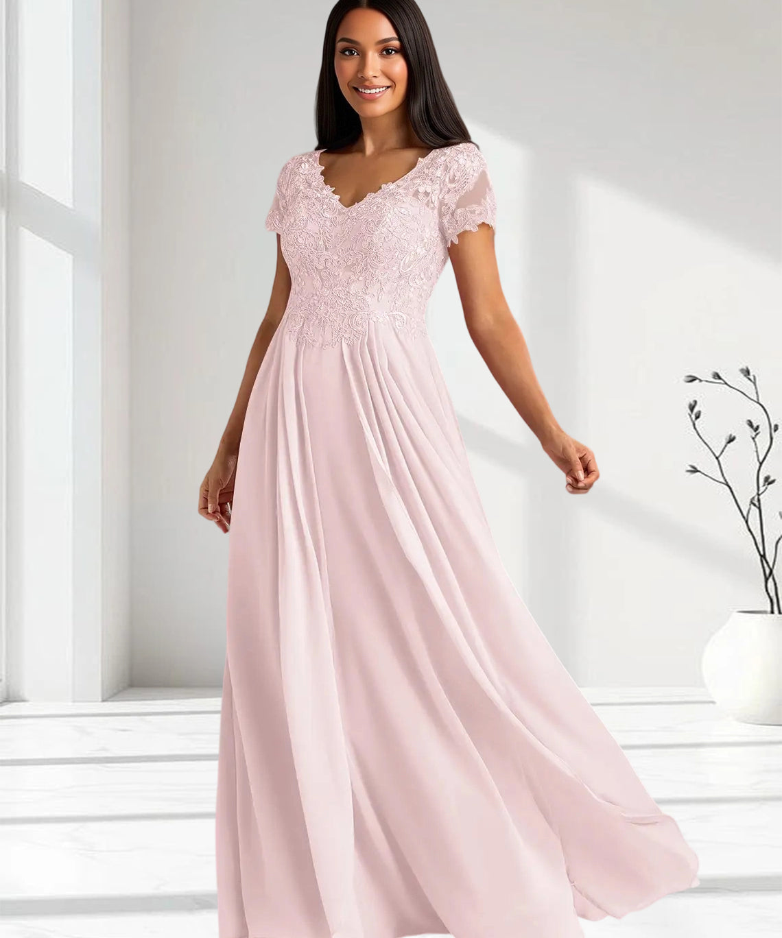 Augday Dunja A-Line V-Neck Lace Chiffon Dress