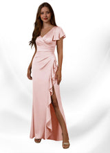 Augday Roya Mermaid V-Neck Pleated Stretch Satin