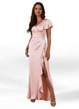 Augday Roya Mermaid V-Neck Pleated Stretch Satin Dress