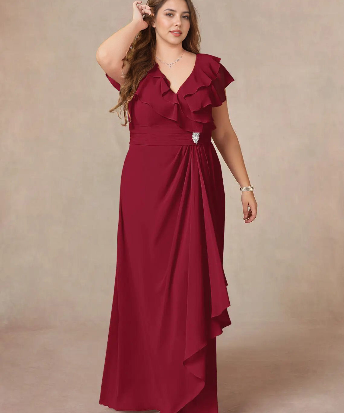 Augday A-Line V-Neck Ruched Chiffon Dress Plus Size