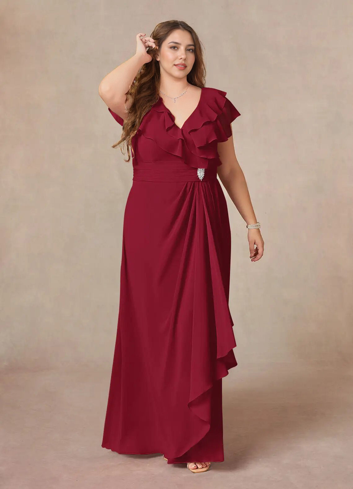 Augday A-Line V-Neck Ruched Chiffon Dress Plus Size