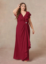 Augday A-Line V-Neck Ruched Chiffon Dress Plus Size