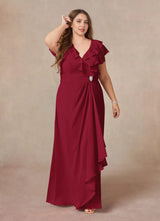 Augday A-Line V-Neck Ruched Chiffon Dress Plus Size