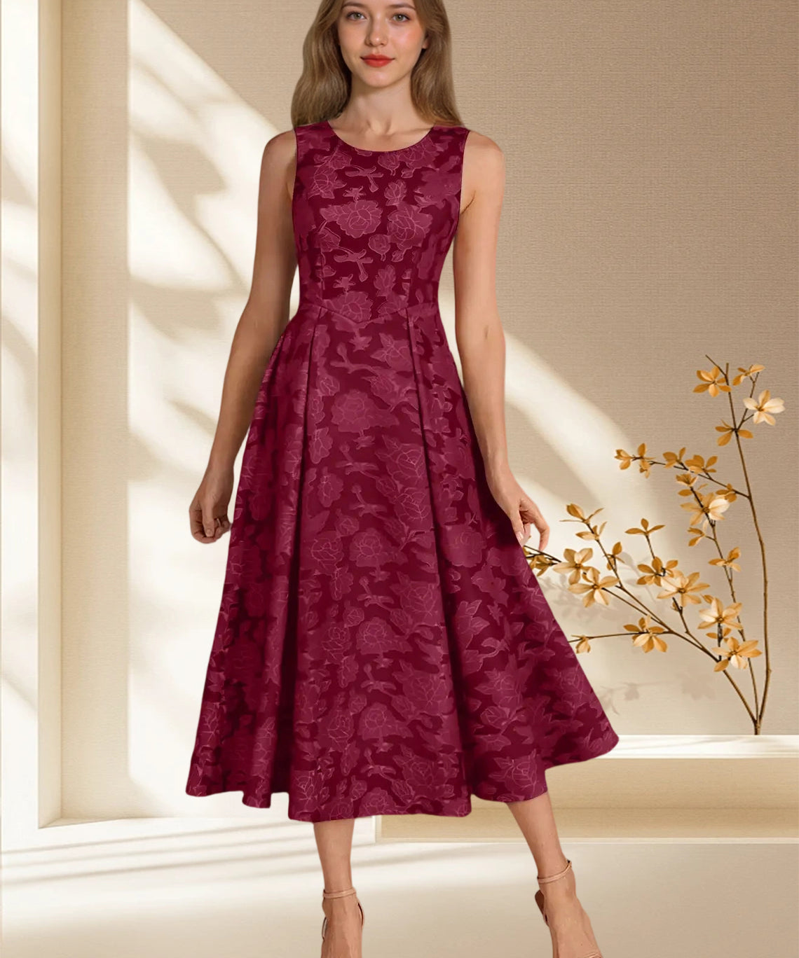 Augday Fulton A-Line Pleated Floral Burnout Dress