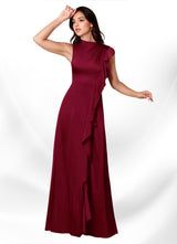 Augday Narine A-Line High Neckline Pleated Stretch Satin Dress