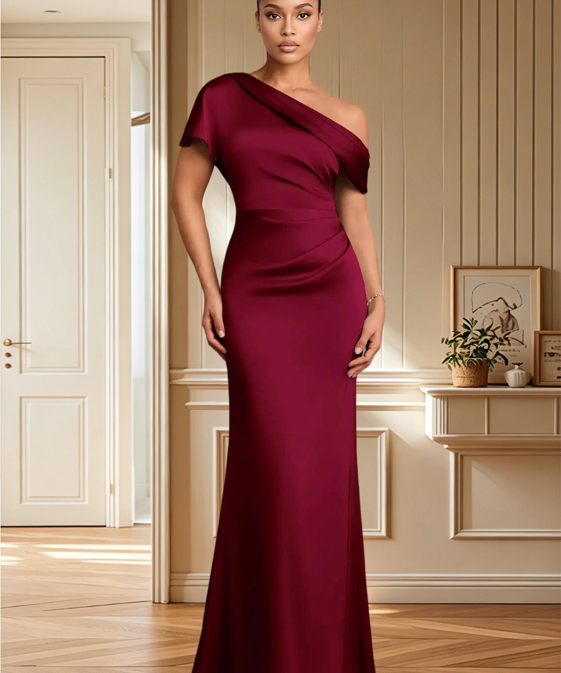 Augday Rutha Sheath One Shoulder Stretch Satin Dress