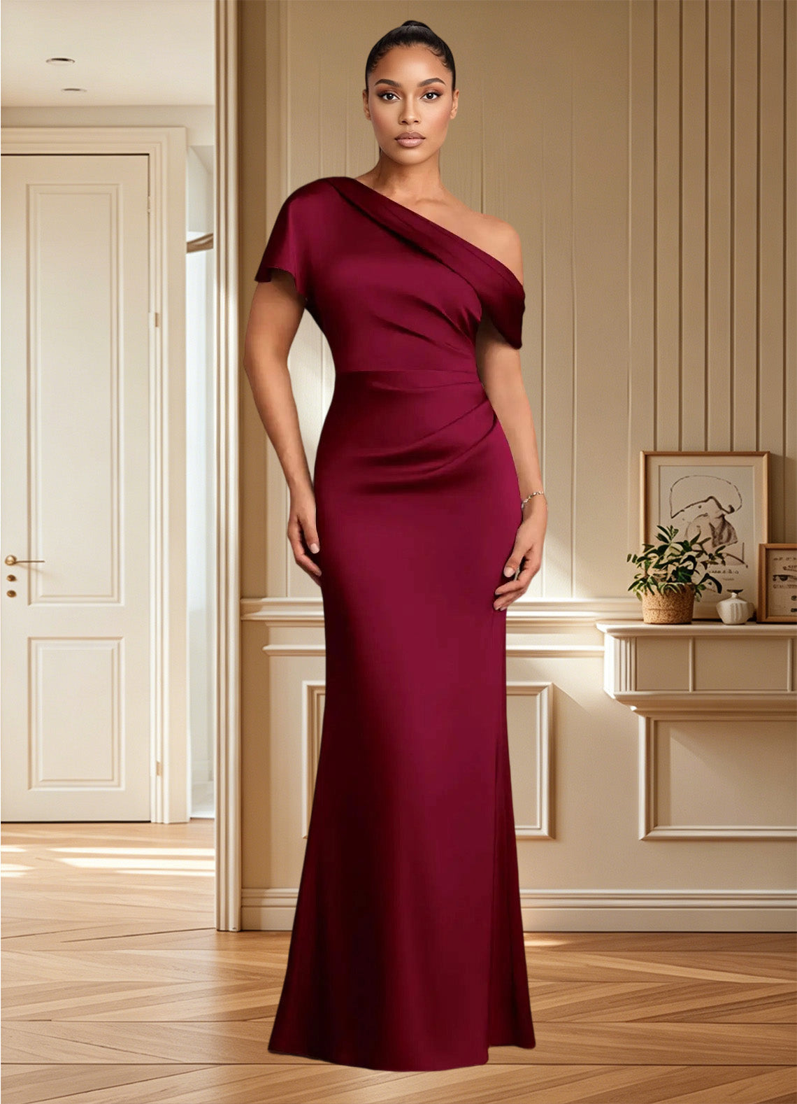 Augday Rutha Sheath One Shoulder Stretch Satin Dress
