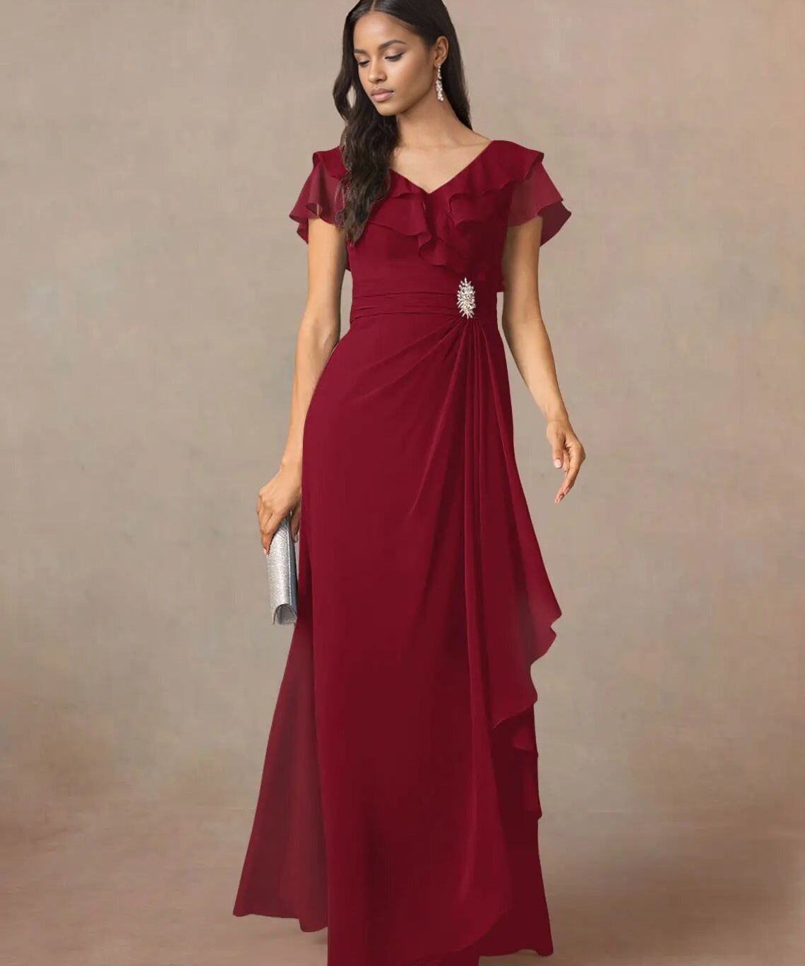 Augday A-Line V-Neck Ruched Chiffon Dress