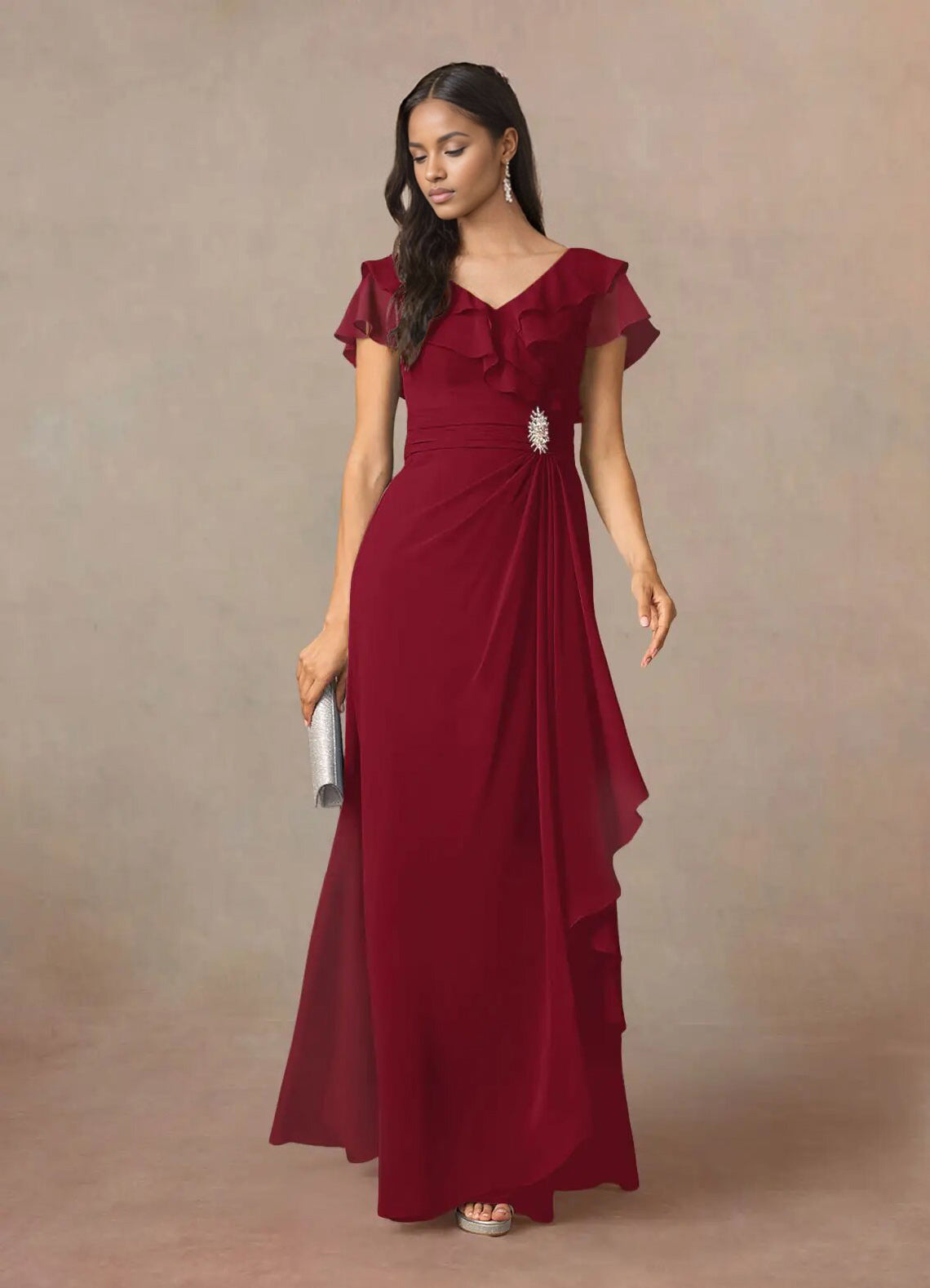 Augday A-Line V-Neck Ruched Chiffon Dress