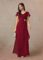 Augday A-Line V-Neck Ruched Chiffon Dress