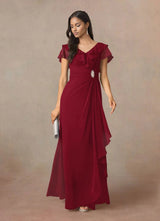 Augday A-Line V-Neck Ruched Chiffon Dress