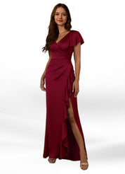 Augday Roya Mermaid V-Neck Pleated Stretch Satin Dress