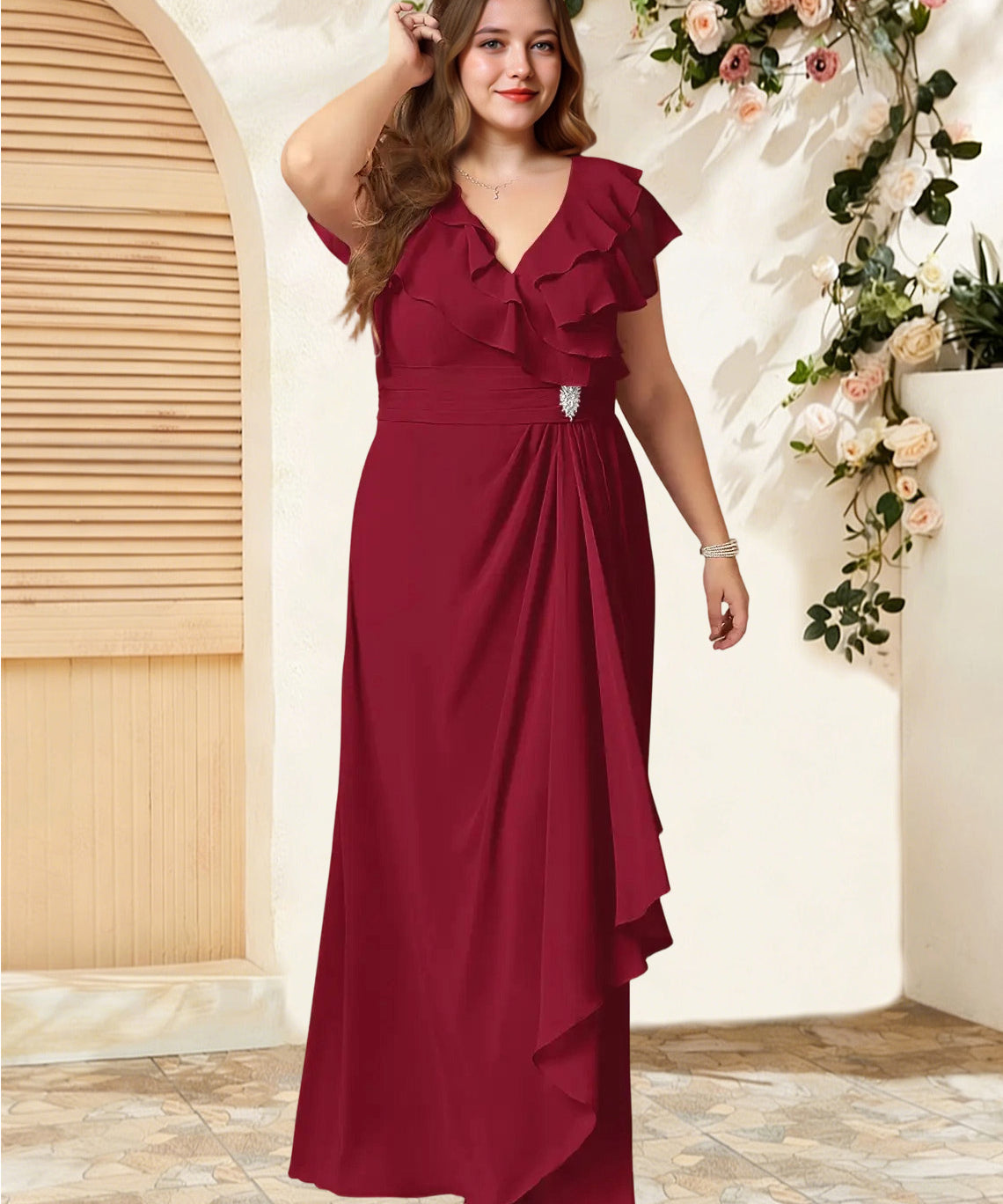Augday Snapdragon A-Line V-Neck Ruched Chiffon Dress