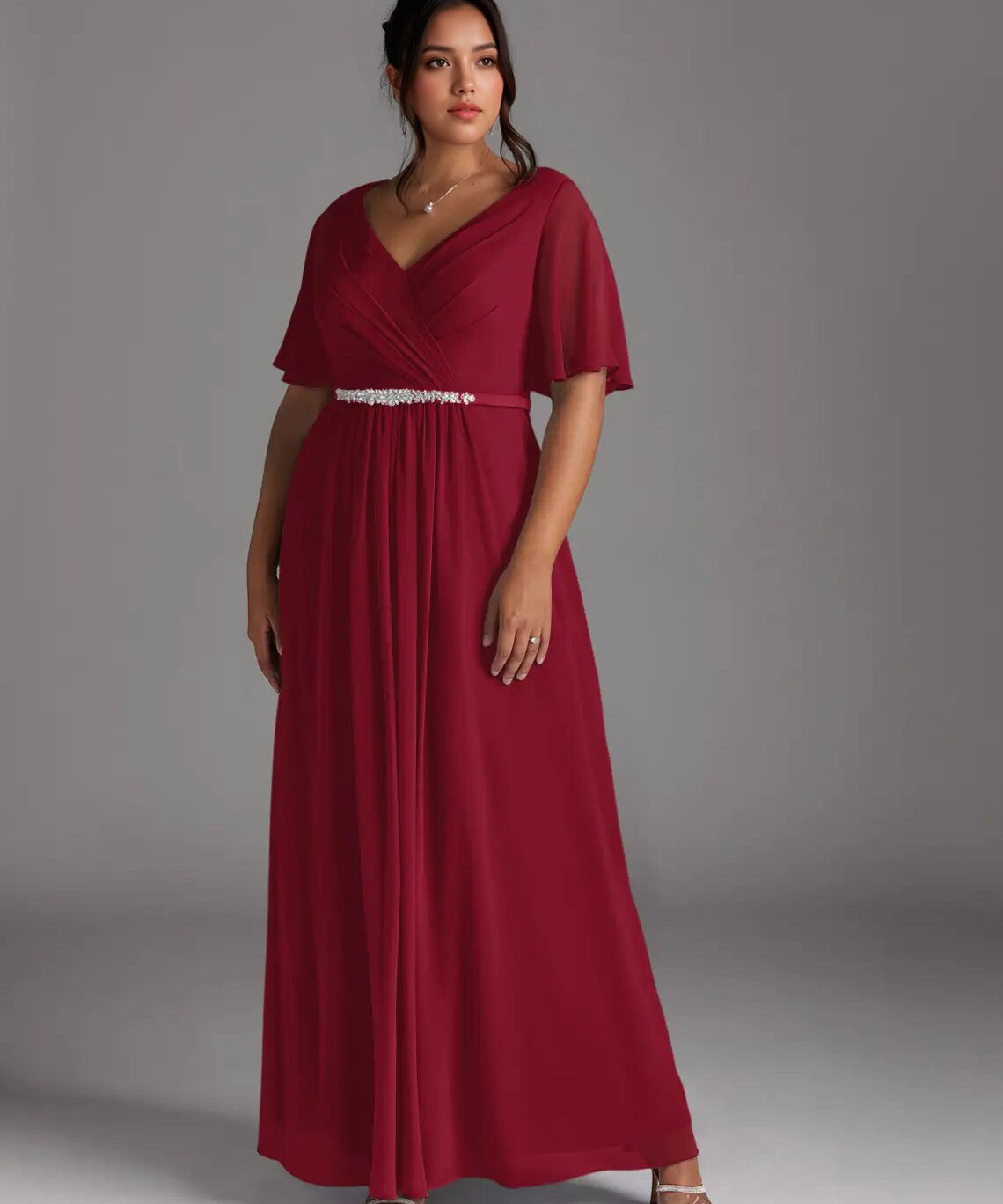Augday A-Line V-Neck Pleated Chiffon Dress Plus Size