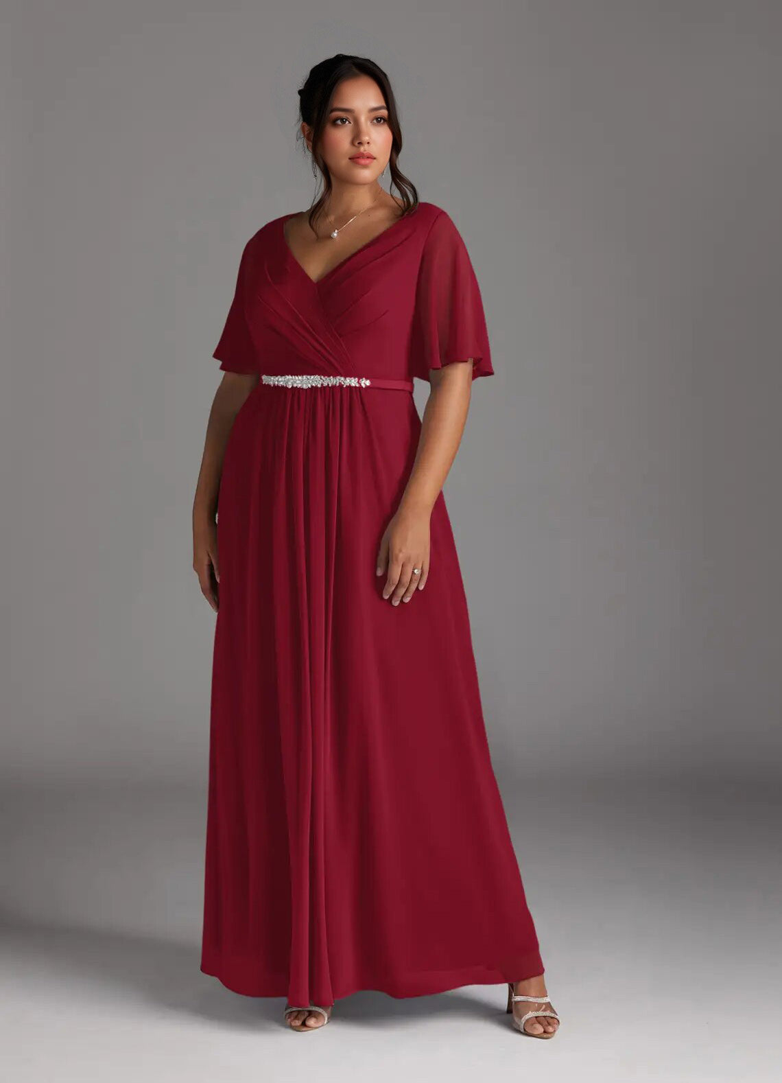 Augday A-Line V-Neck Pleated Chiffon Dress Plus Size