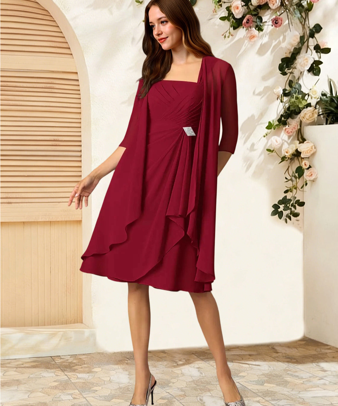Augday Olivia A-Line Square Neckline Pleated Chiffon Dress