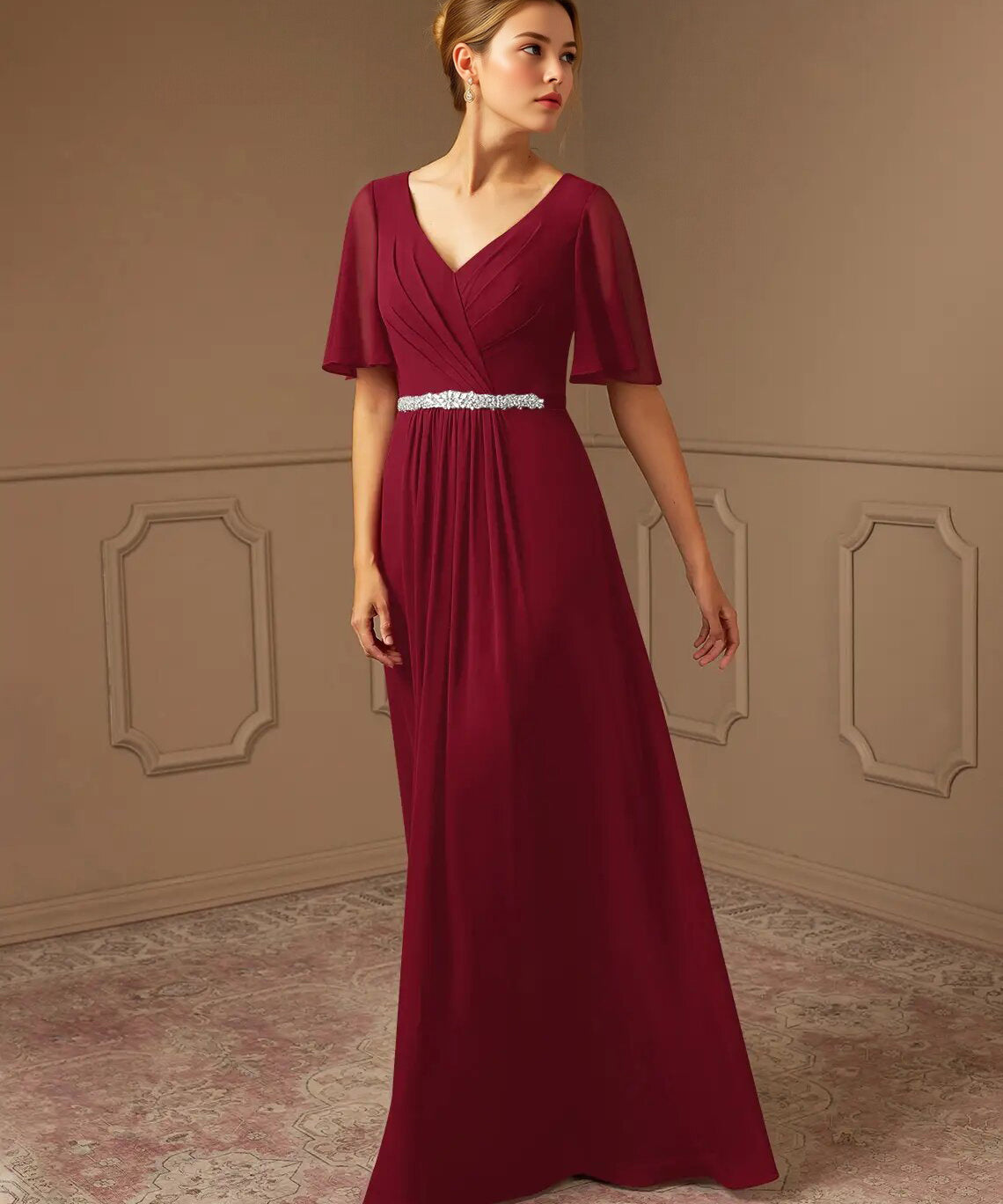 Augday A-Line V-Neck Pleated Chiffon Dress
