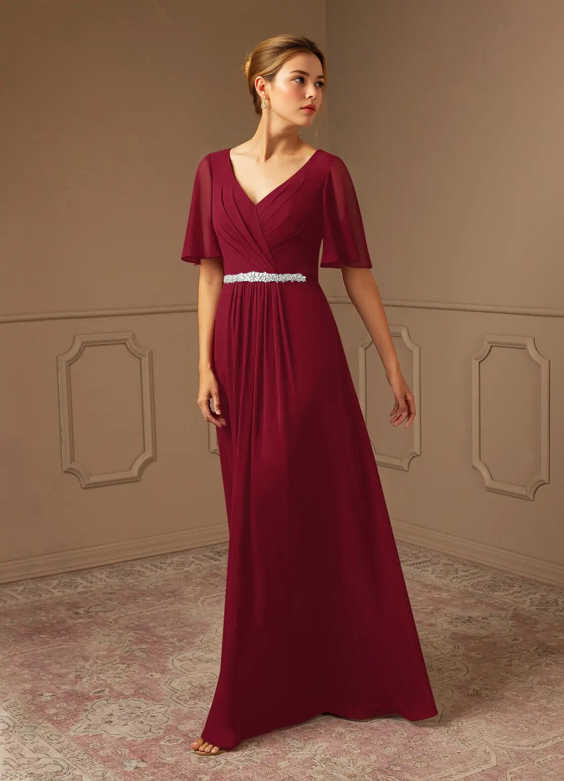 Augday A-Line V-Neck Pleated Chiffon Dress