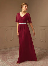 Augday A-Line V-Neck Pleated Chiffon Dress