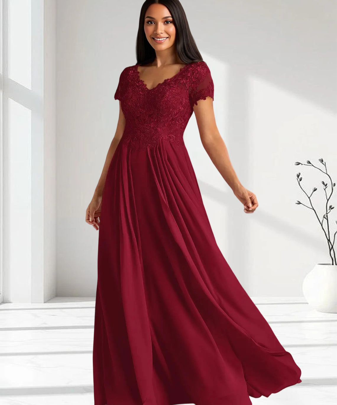 Augday Dunja A-Line V-Neck Lace Chiffon Dress