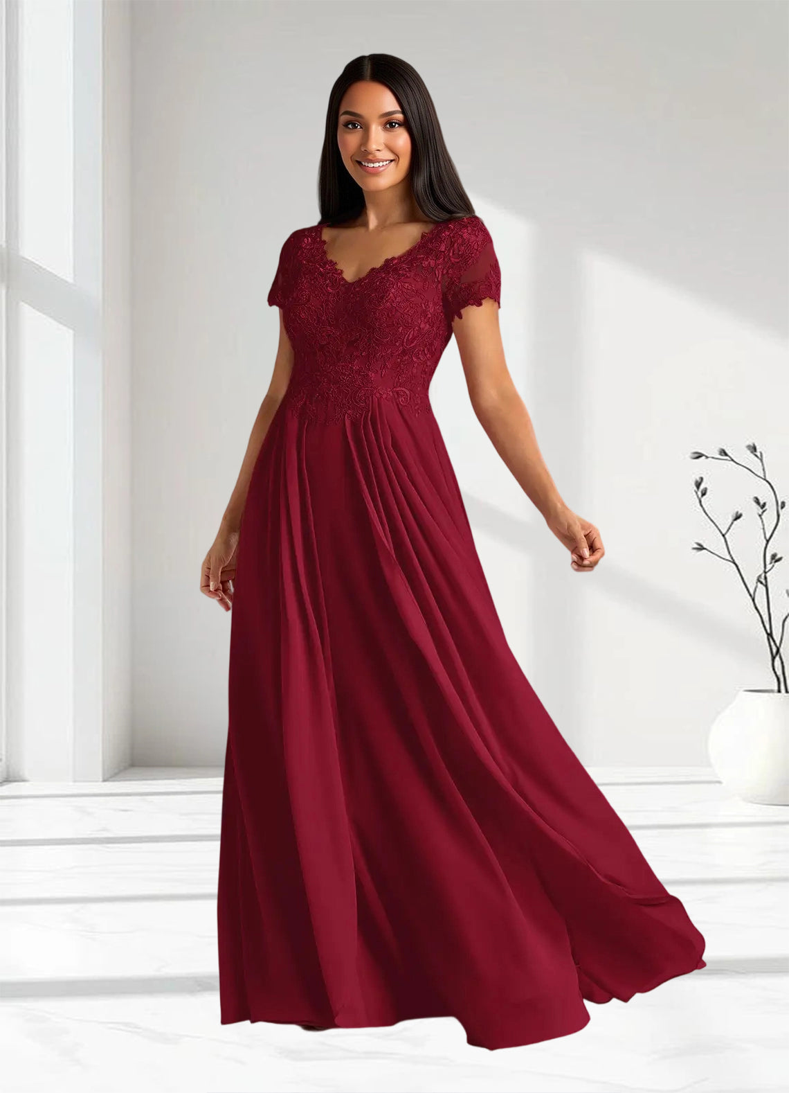 Augday Dunja A-Line V-Neck Lace Chiffon Dress