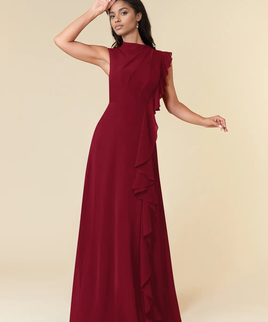 Augday A-Line High Neckline Pleated Chiffon Dress