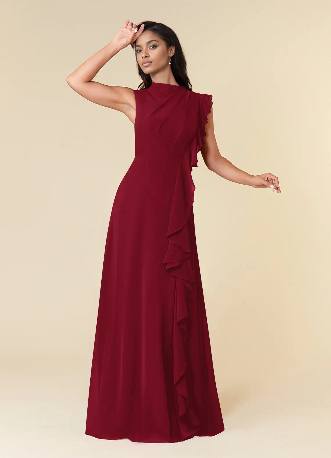 Augday A-Line High Neckline Pleated Chiffon Dress