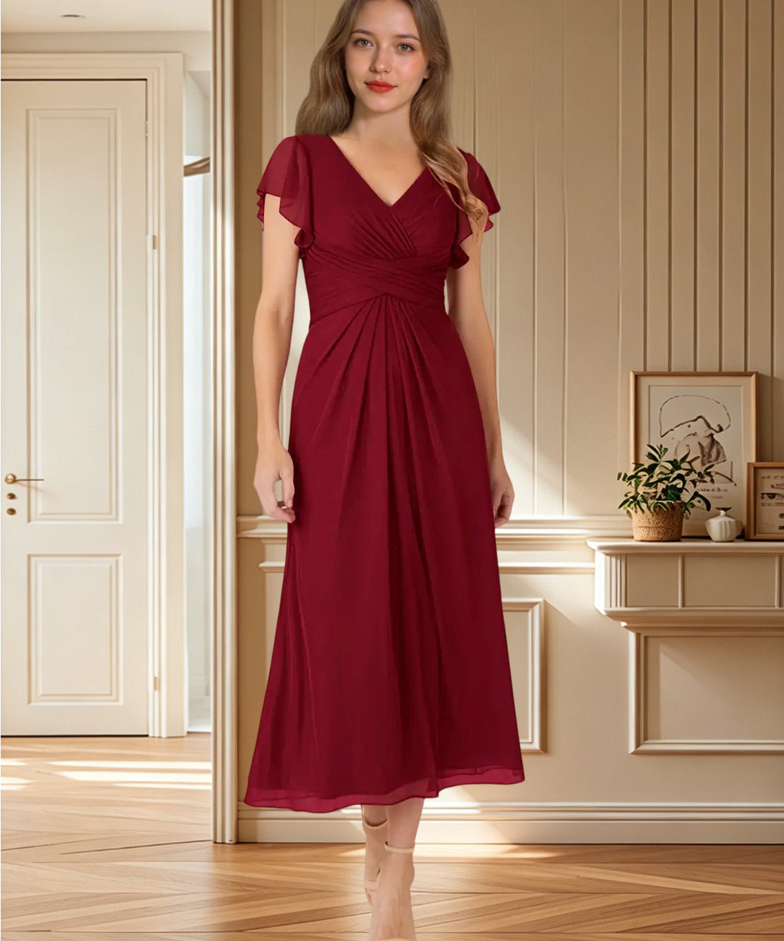 Augday Vera A-Line V-Neck Pleated Mesh Dress