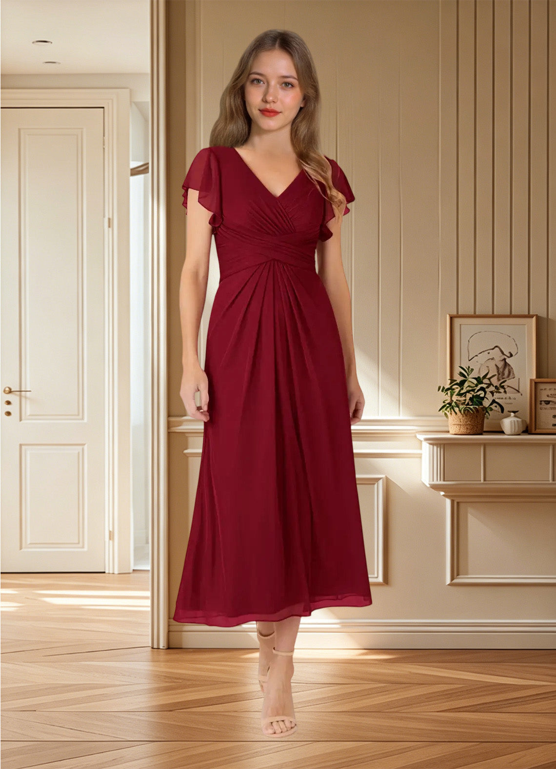 Augday Vera A-Line V-Neck Pleated Mesh Dress