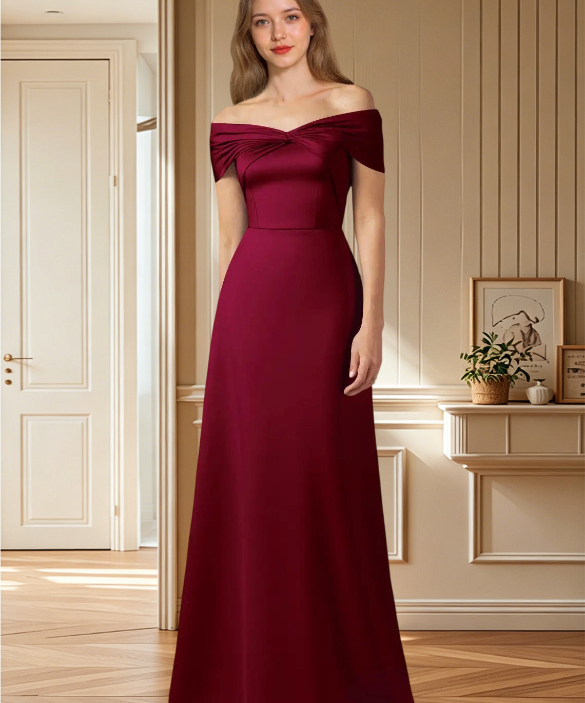 Augday Amelia A-Line Off the Shoulder Stretch Satin Dress