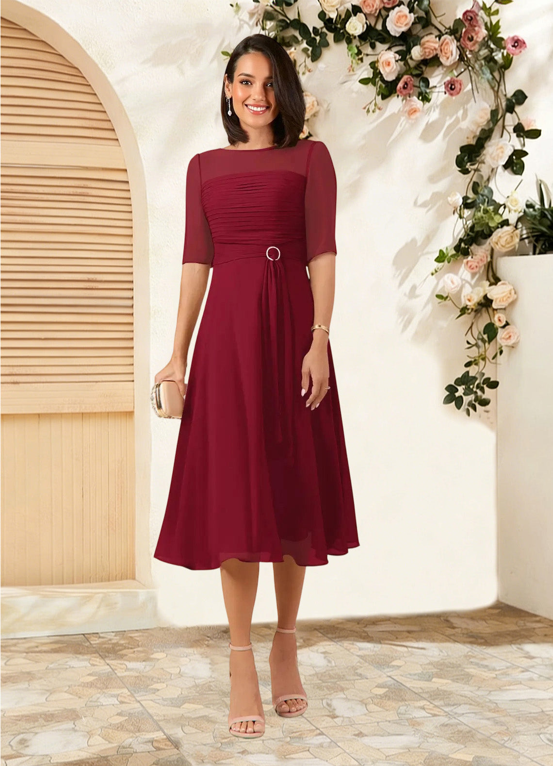 Augday Naomi A-Line Boatneck Pleated Chiffon Dress