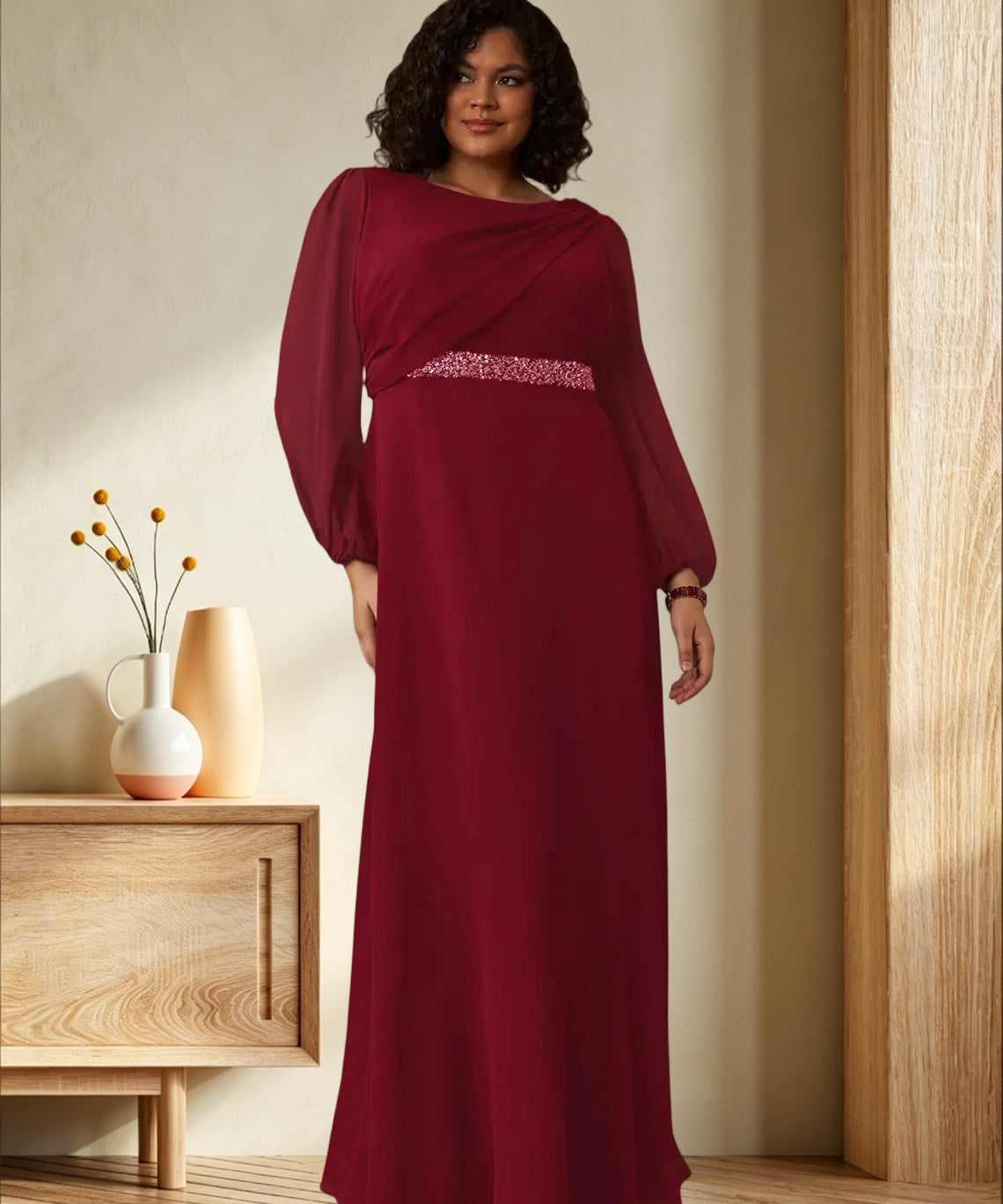 Augday Priyanka A-Line Boatneck Pleated Chiffon Dress