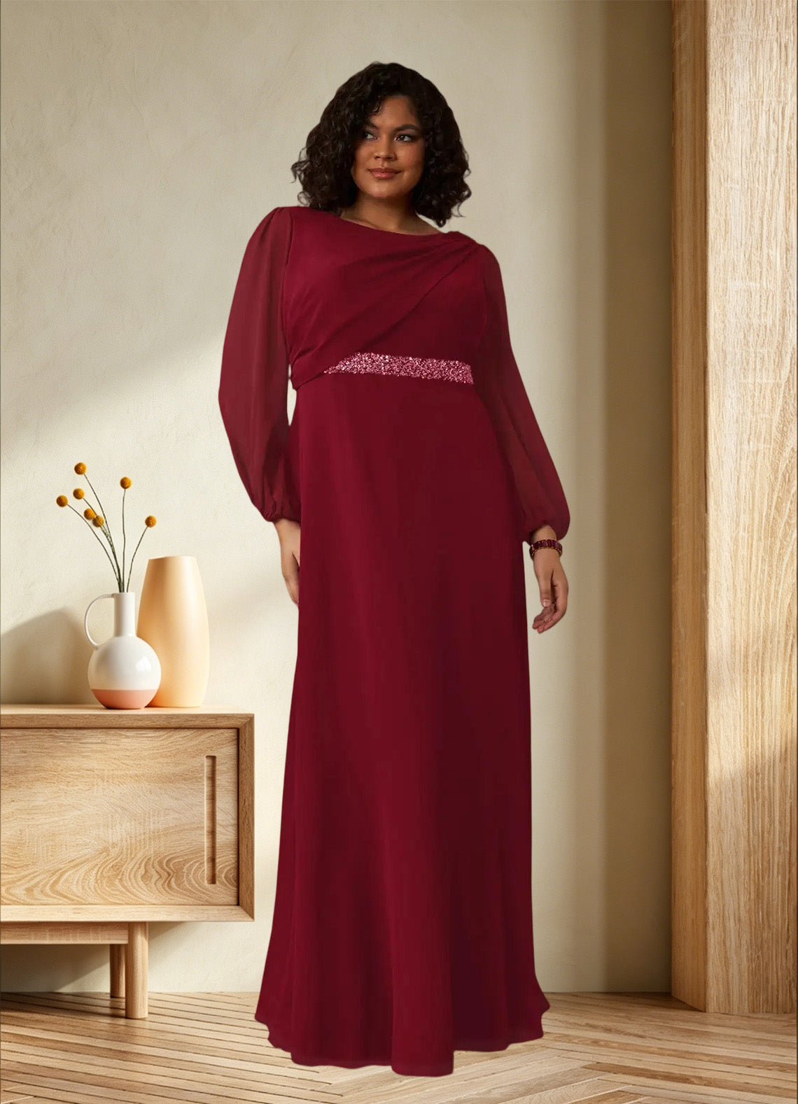 Augday Priyanka A-Line Boatneck Pleated Chiffon Dress