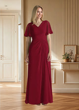 Augday Morning Glory A-Line V-Neck Ruched Chiffon Dress