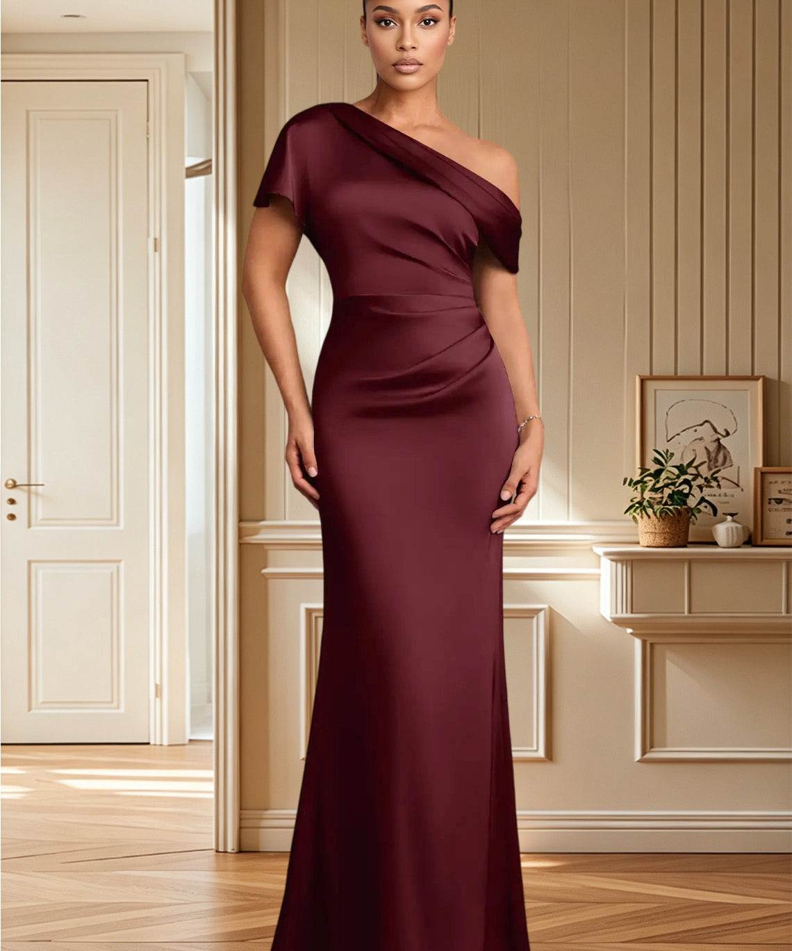 Augday Rutha Sheath One Shoulder Stretch Satin Dress
