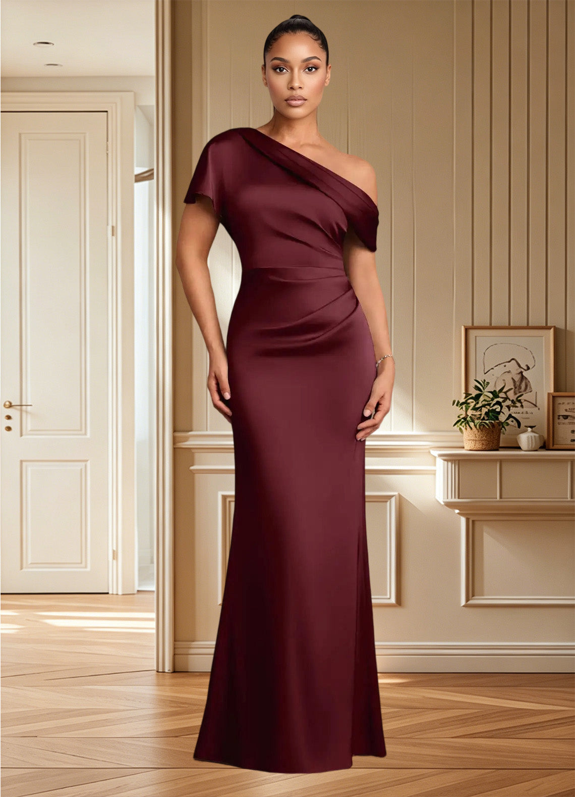 Augday Rutha Sheath One Shoulder Stretch Satin Dress