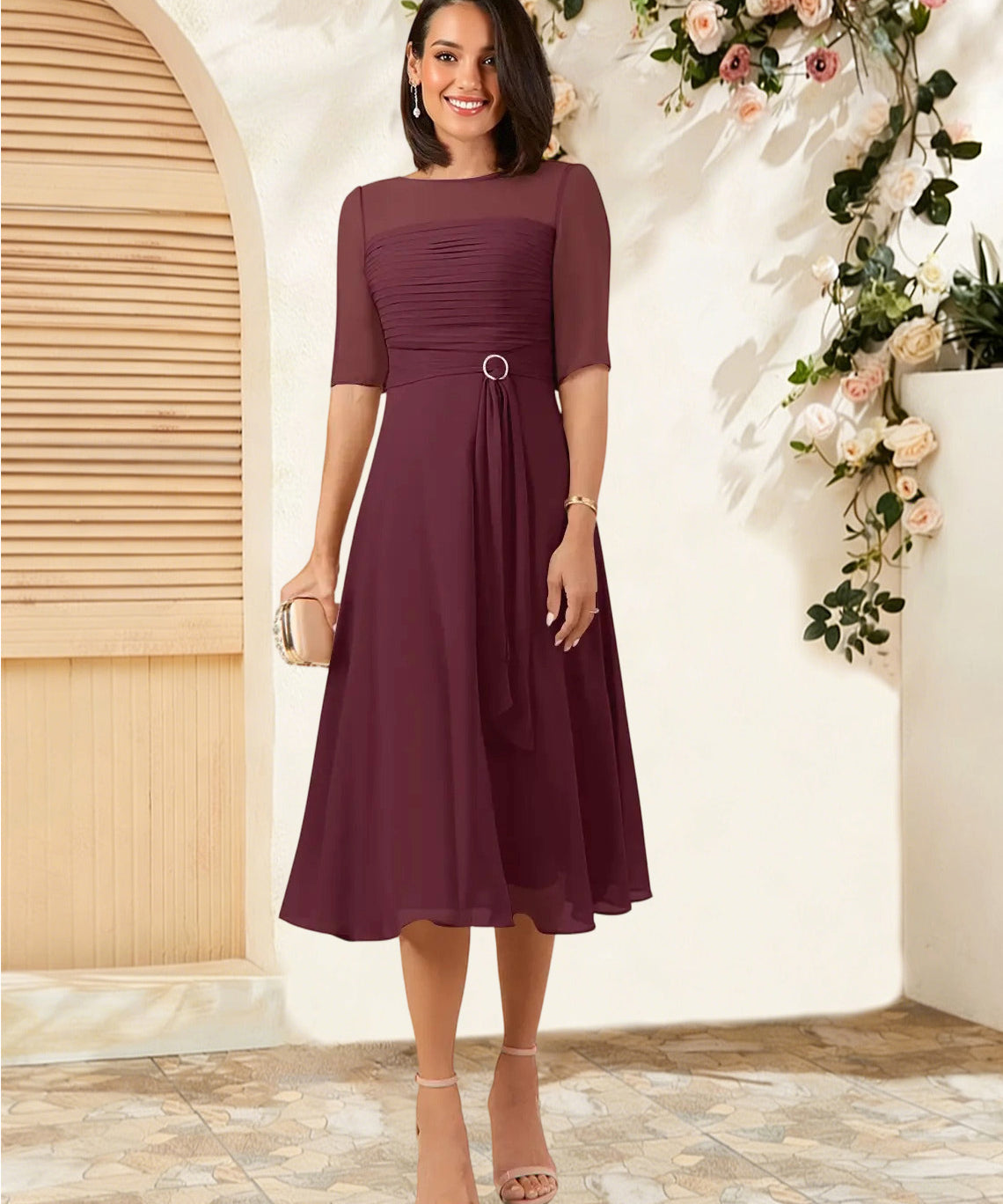 Augday Naomi A-Line Boatneck Pleated Chiffon Dress