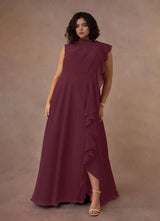 Augday A-Line High Neckline Pleated Chiffon Dress Plus Size