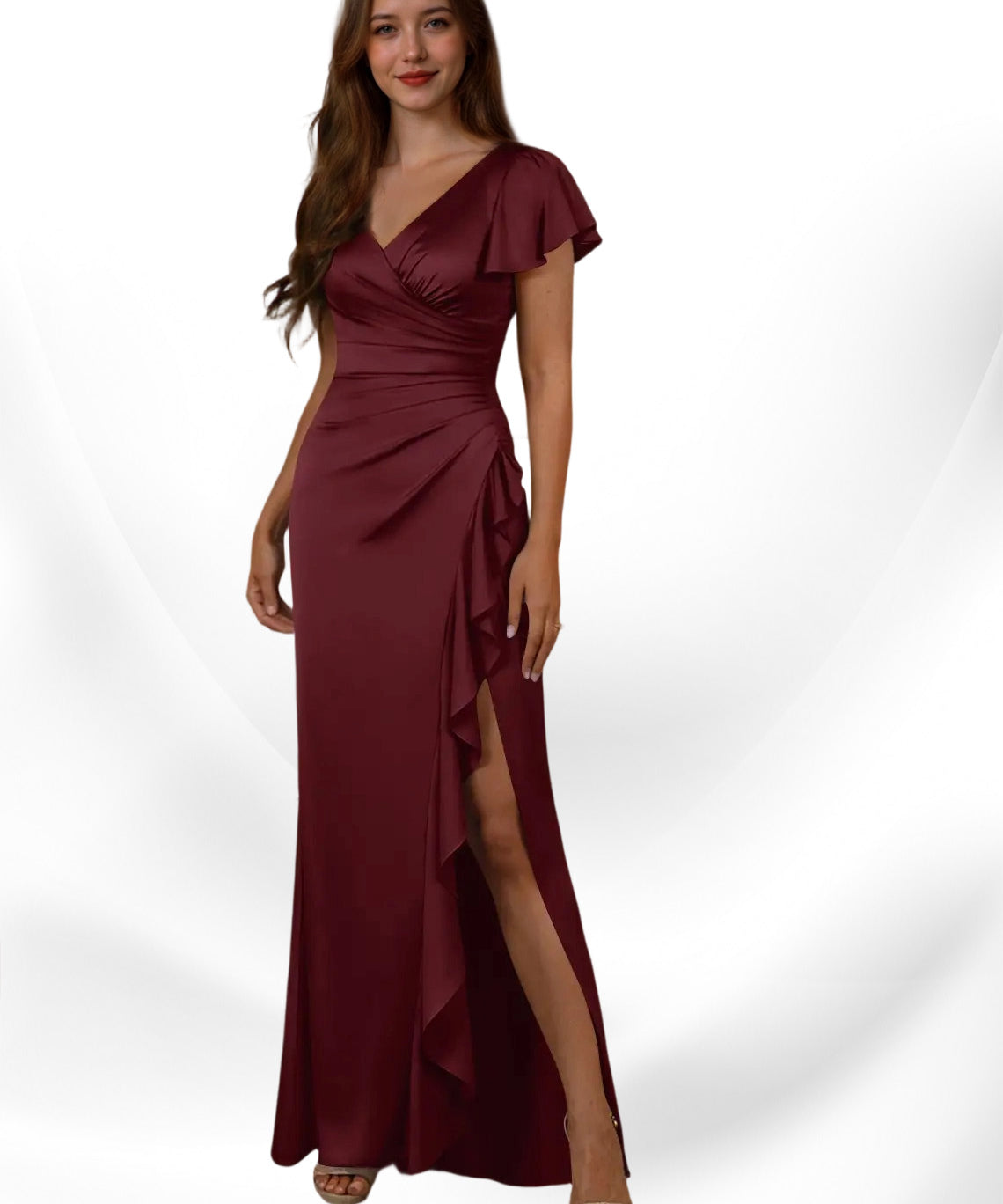 Augday Roya Mermaid V-Neck Pleated Stretch Satin