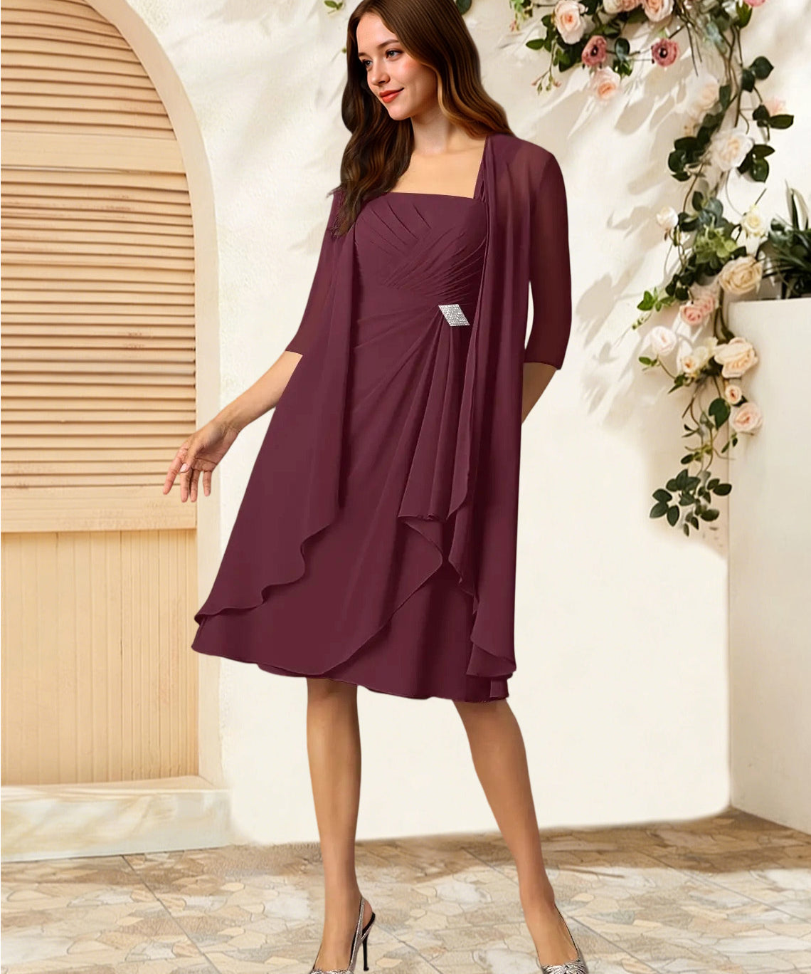 Augday Olivia A-Line Square Neckline Pleated Chiffon Dress