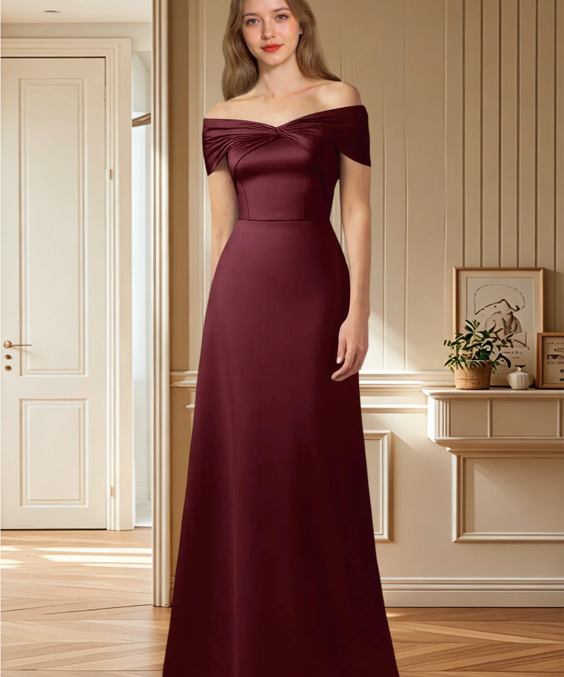 Augday Amelia A-Line Off the Shoulder Stretch Satin Dress