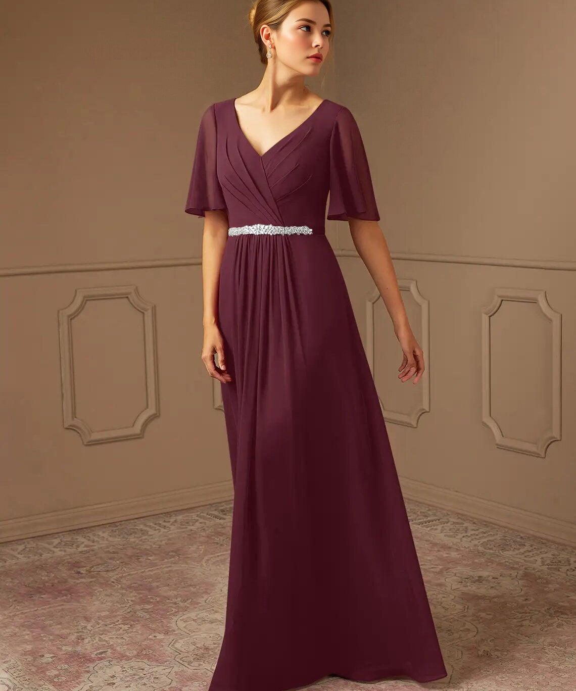 Augday A-Line V-Neck Pleated Chiffon Dress