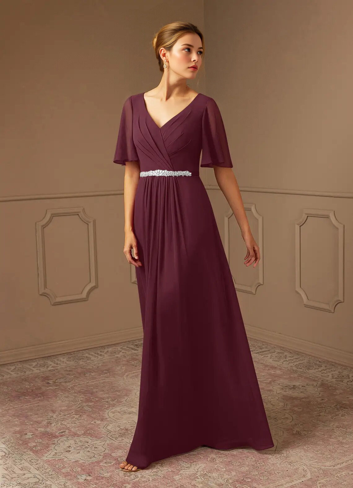 Augday A-Line V-Neck Pleated Chiffon Dress