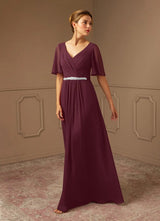 Augday A-Line V-Neck Pleated Chiffon Dress